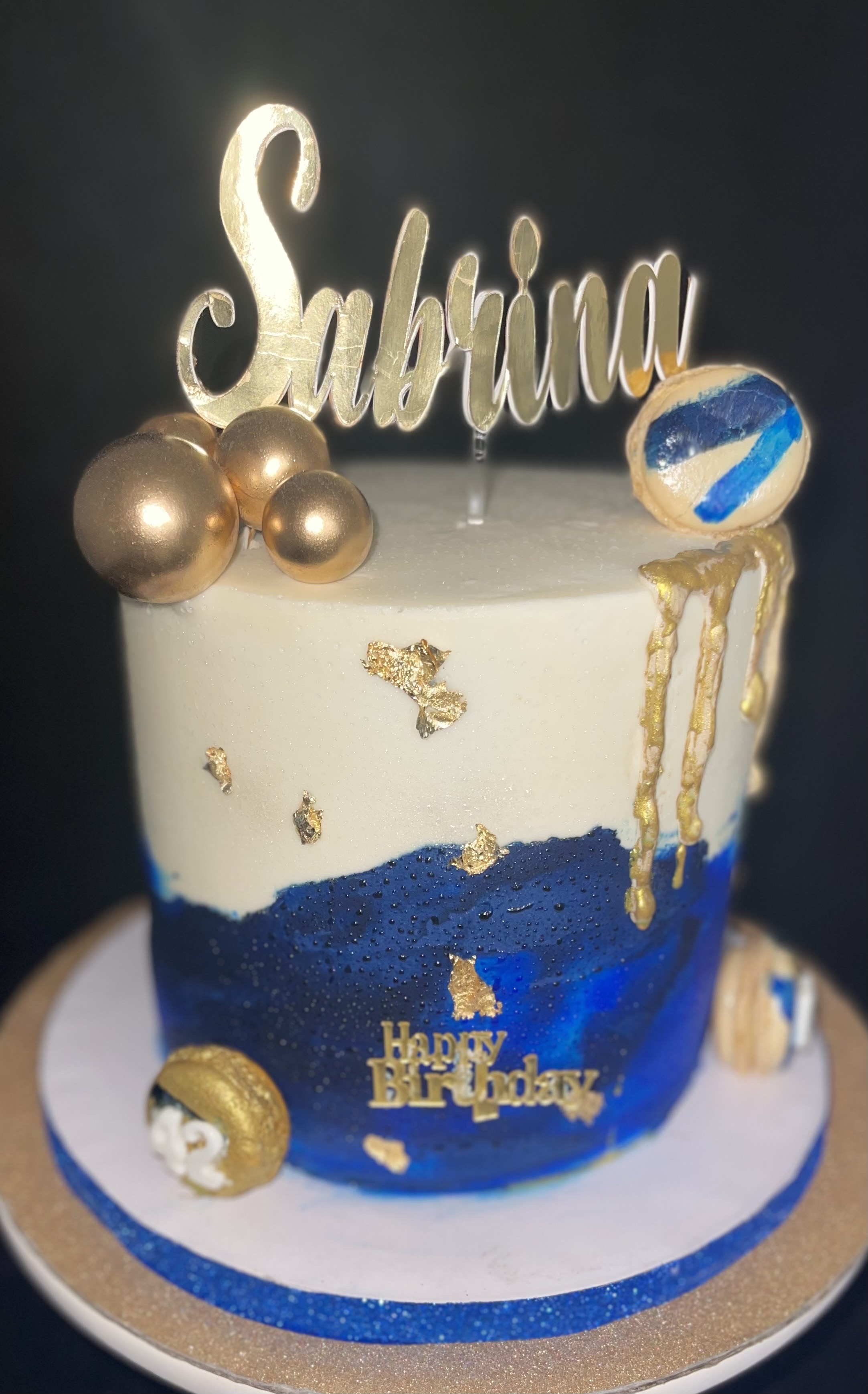 Elegant blue, ivory and gold custom birthday cake